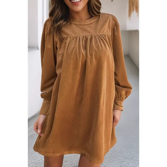 Corduroy Pleated Puff Dress