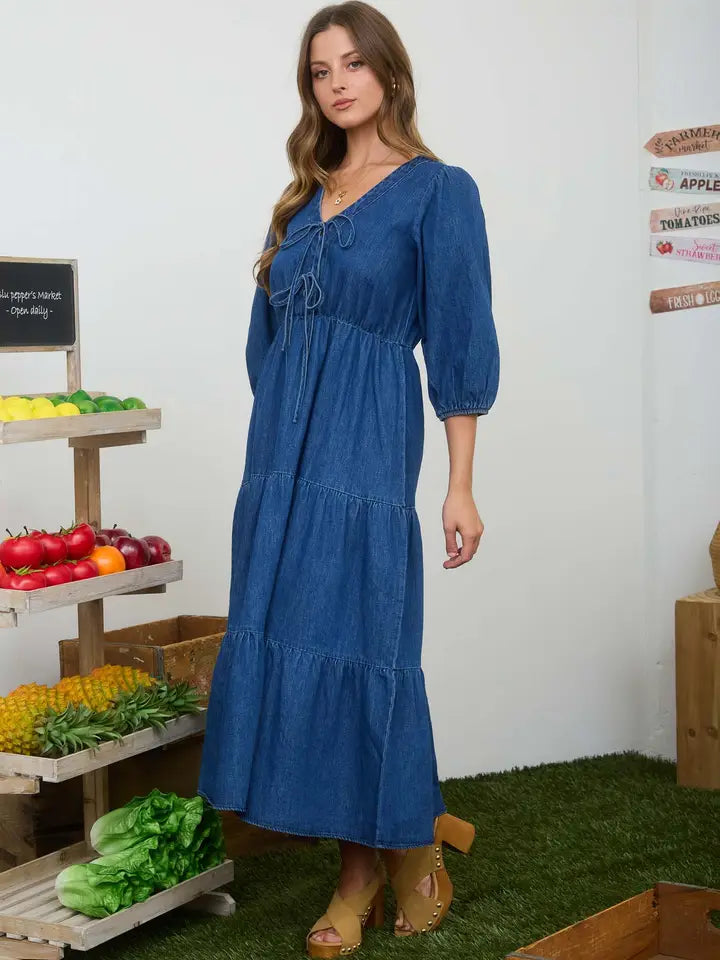 Front Tie Tiered Denim Midi Dress
