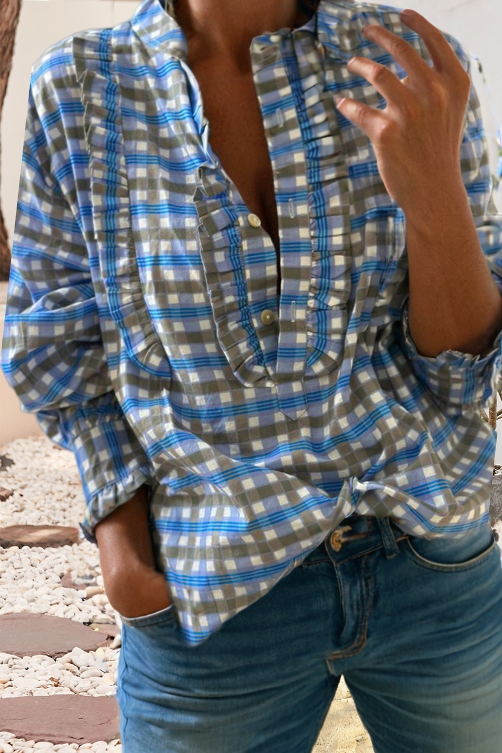 Plaid Frilled Half Button Blouse