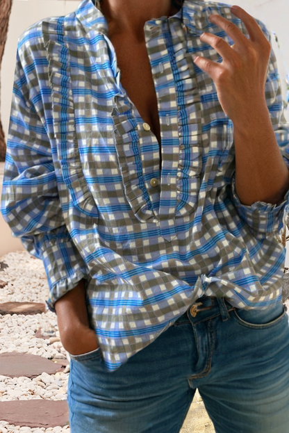 Plaid Frilled Half Button Blouse