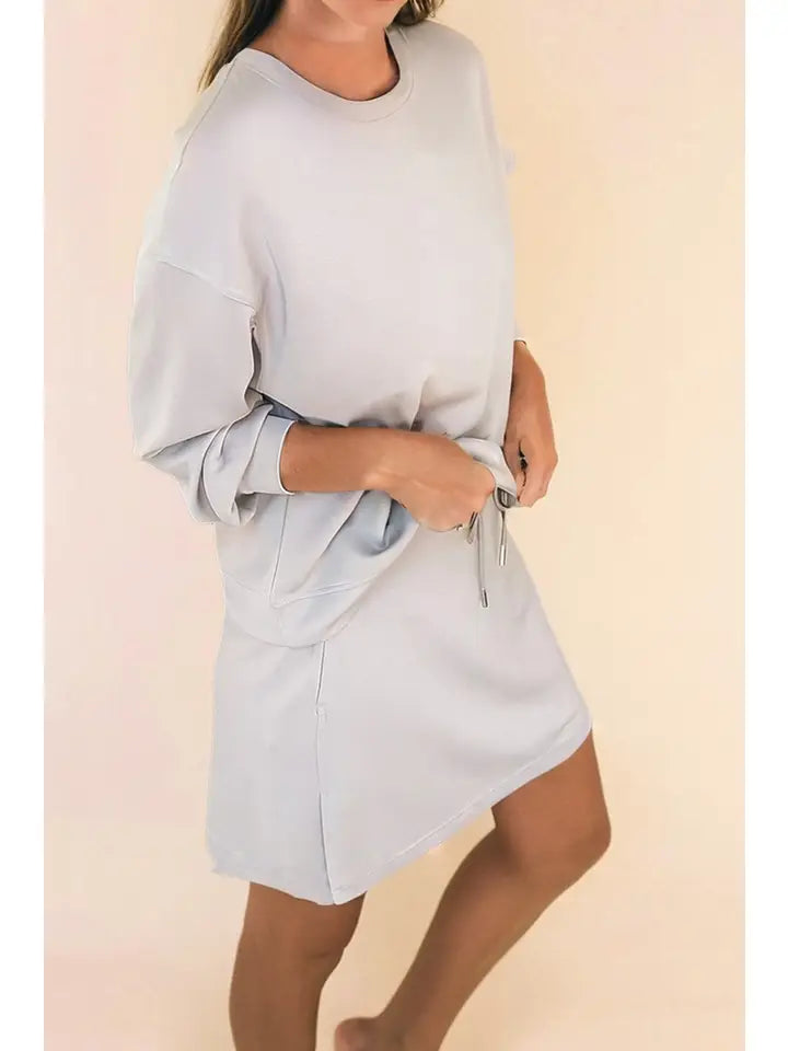 Drop Shoulder Pullover and Drawstring Mini Skirt