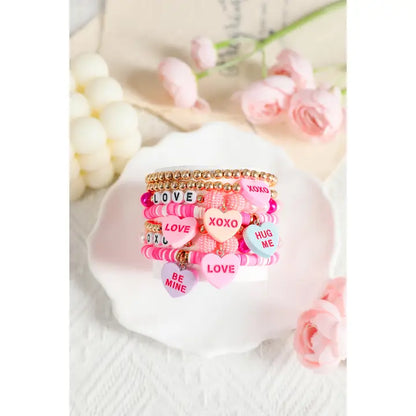 Heart Pendant Beaded Elastic Bracelet Set