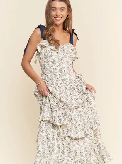 Ruffle Detailed Ribbon Strap Maxi Dress