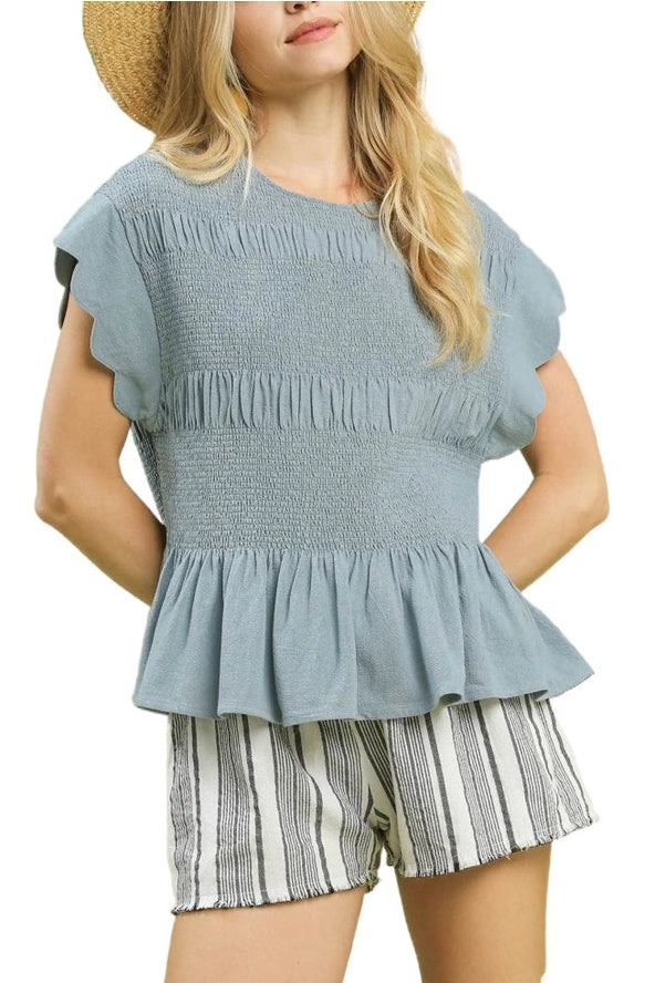 Linen Peplum Smocked Top
