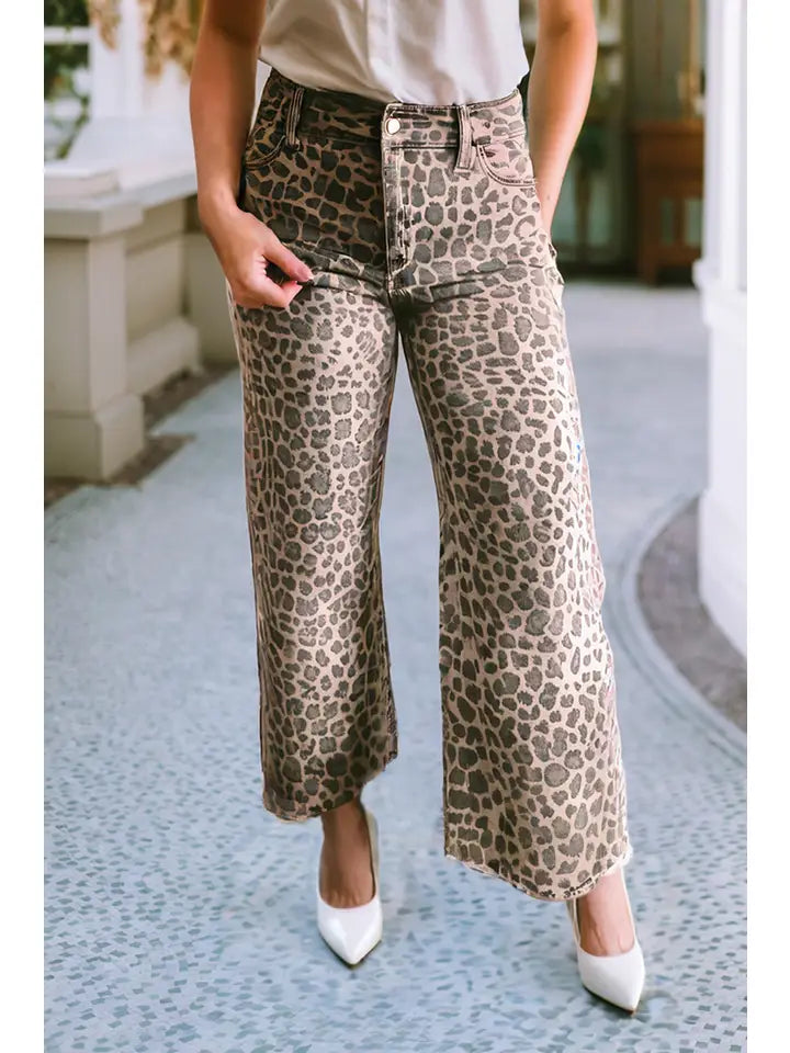 Leopard Frayed Wide Leg Jeans