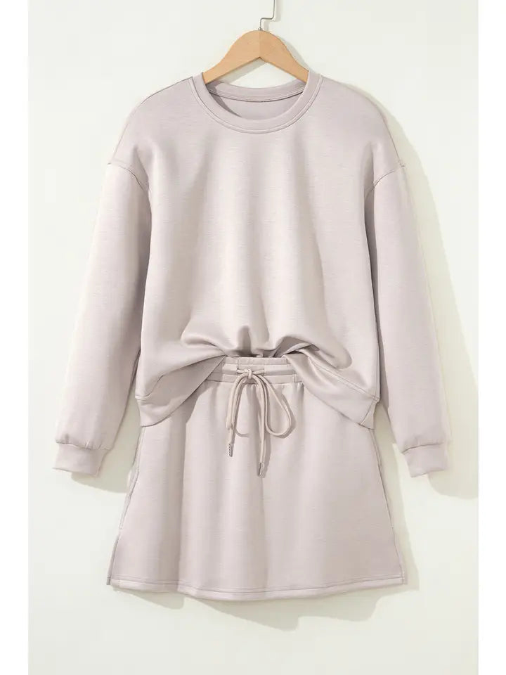 Drop Shoulder Pullover and Drawstring Mini Skirt