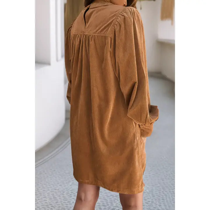 Corduroy Pleated Puff Dress