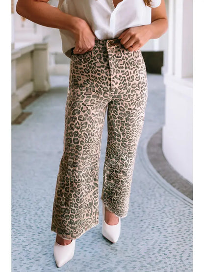 Leopard Frayed Wide Leg Jeans