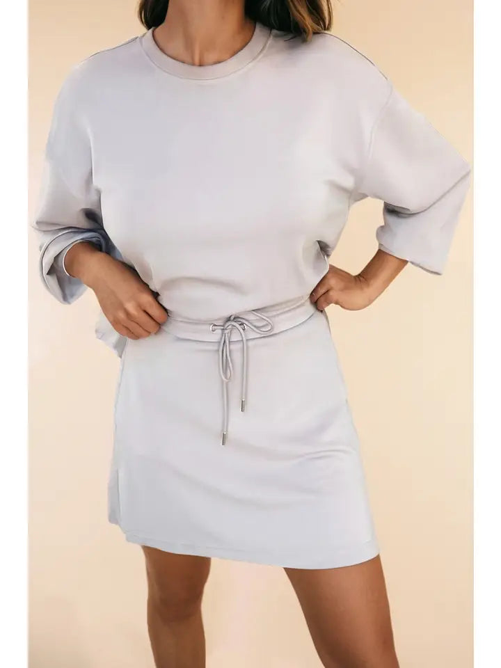 Drop Shoulder Pullover and Drawstring Mini Skirt