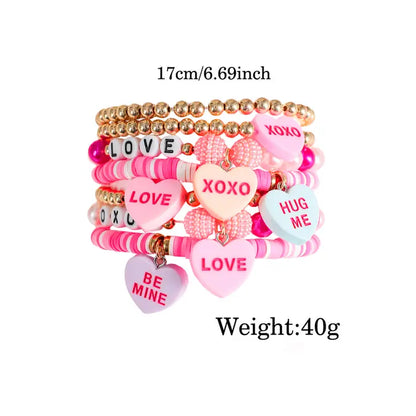 Heart Pendant Beaded Elastic Bracelet Set