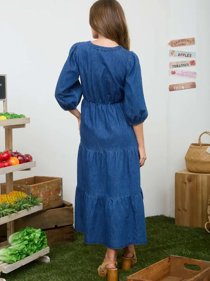 Front Tie Tiered Denim Midi Dress