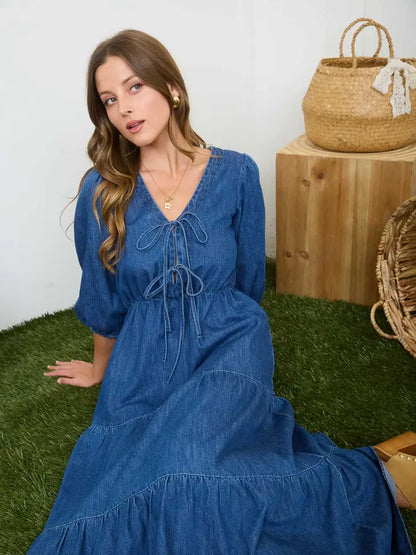 Front Tie Tiered Denim Midi Dress