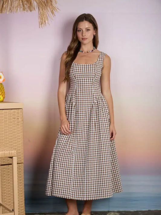 Plaid Basque Waist Midi Dress