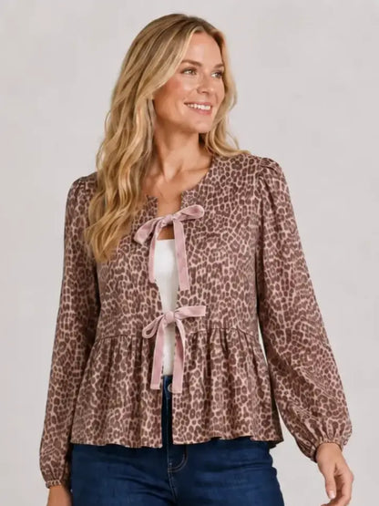 Twill Animal Bow Tie Front Blouse