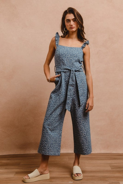 Denim Leopard Prints Scallops Overall