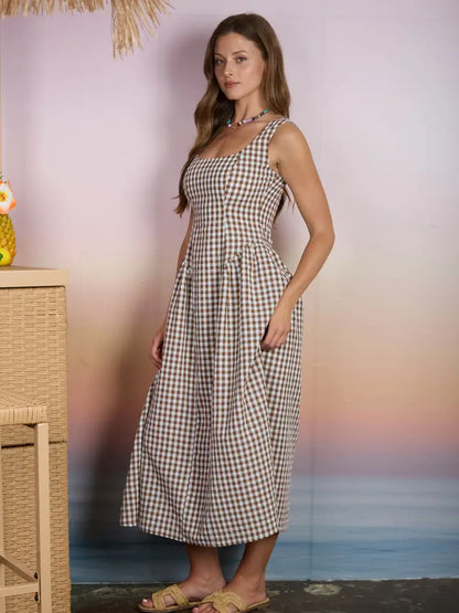 Plaid Basque Waist Midi Dress