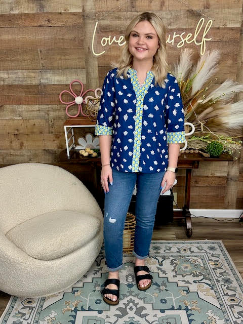 Floral Print 3/4 Sleeve Contrast Trim