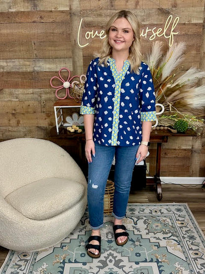 Floral Print 3/4 Sleeve Contrast Trim