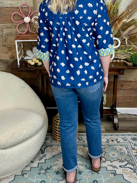 Floral Print 3/4 Sleeve Contrast Trim