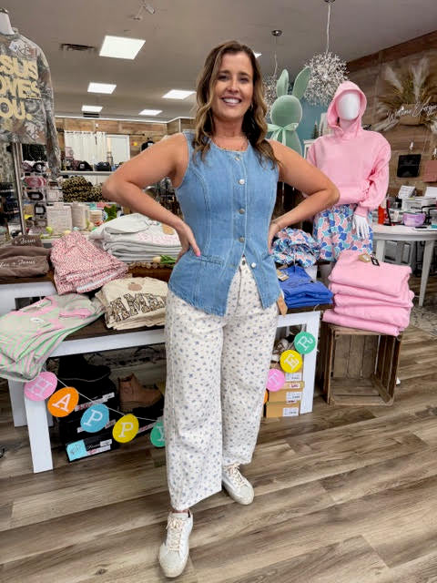 Button-Front Sleeveless Denim Vest