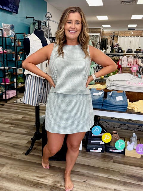 Gingham Checkered Sleeveless Top and Skort Set-Sage Green