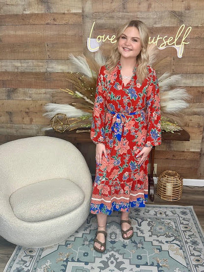 Red Floral Tie Maxi Dress