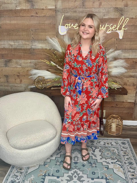 Red Floral Tie Maxi Dress