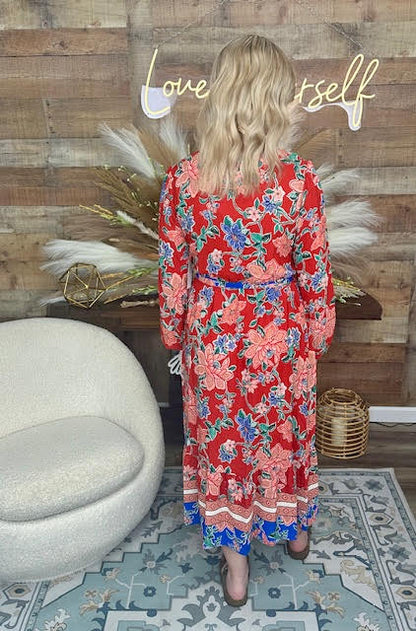 Red Floral Tie Maxi Dress